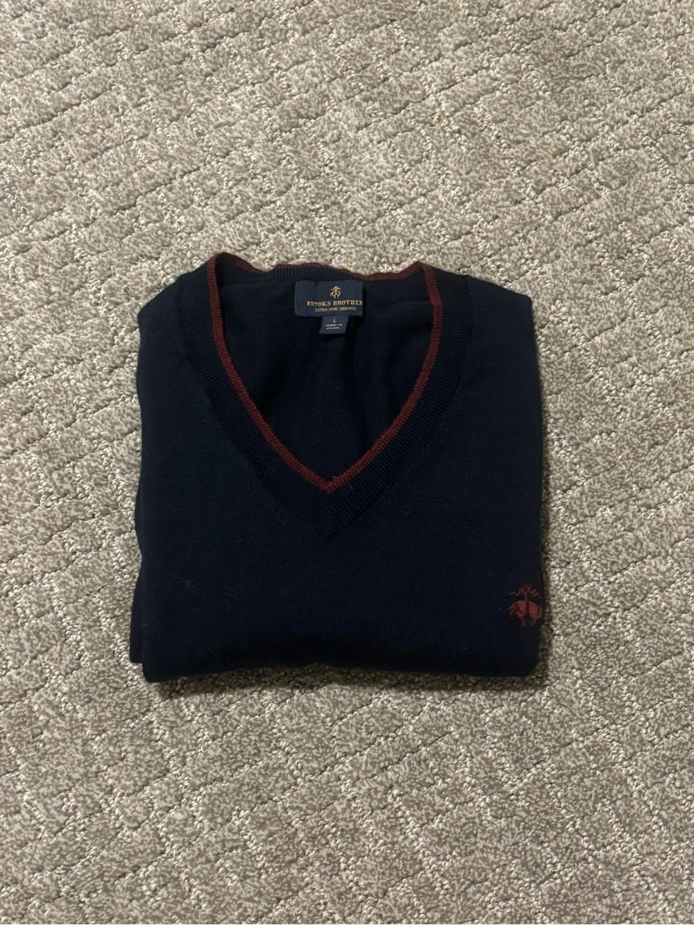 Brooks Brothers | Navy V-Neck Sweater Vest with Red Trim | Men’s Size L